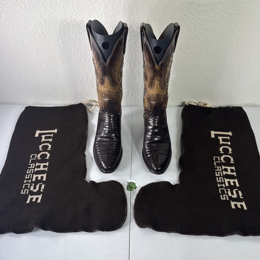 Lucchese Classics Exotic Brown Cowboy Boots 6.5 B Seared Ring Lizard & Goat Skin - Picture 2 of 16